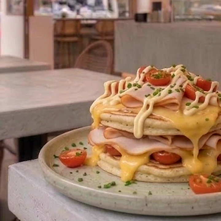 Turkey Bloom — savory pancake with smoked turkey, cheese and cherry tomatoes at Nami Brunch House, Sarti